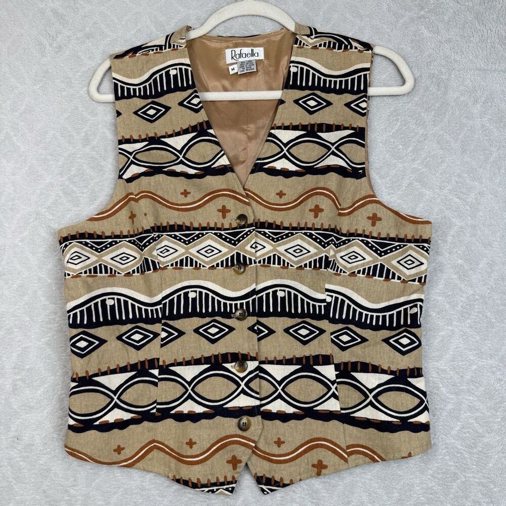 Vtg Rafaella Linen Blend Vest Womens Medium Tribal Aztec Southwestern Boho 90s